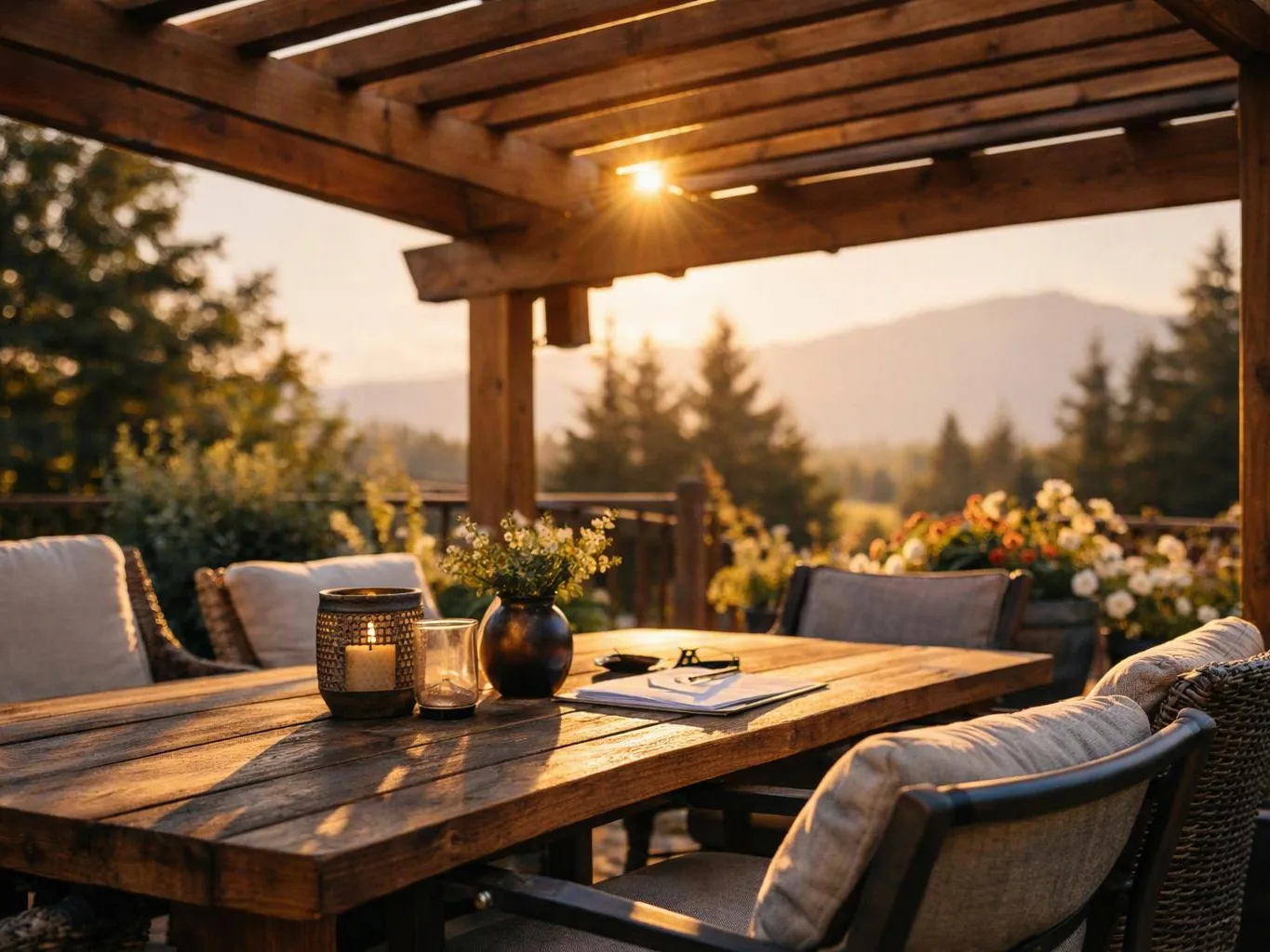 A wooden patio dining table sits under a pergola at sunset, with cushioned chairs, a candle, vase, and notebook