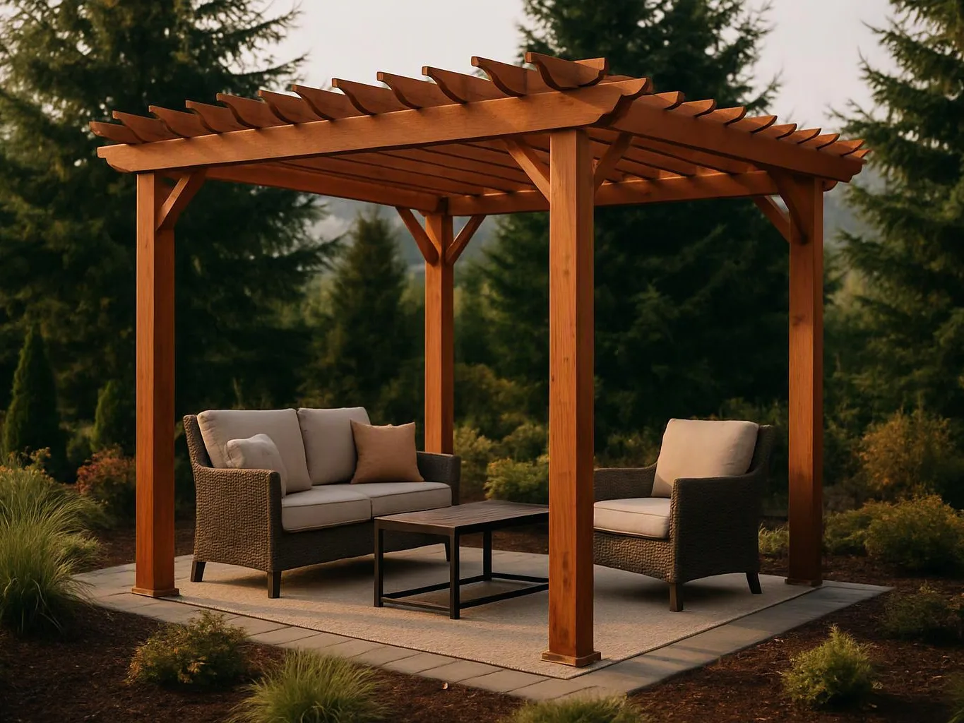 A wooden pergola shelters two cushioned outdoor chairs and a small table on a stone patio