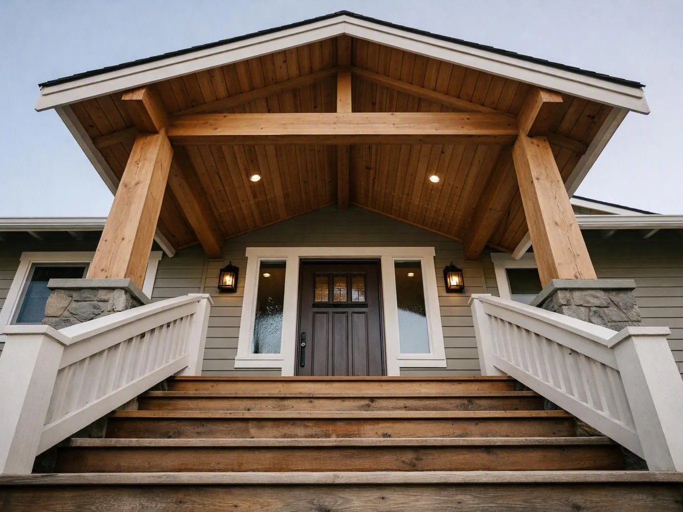 Wooden steps lead up to a covered front porch with a dark door and stone accents