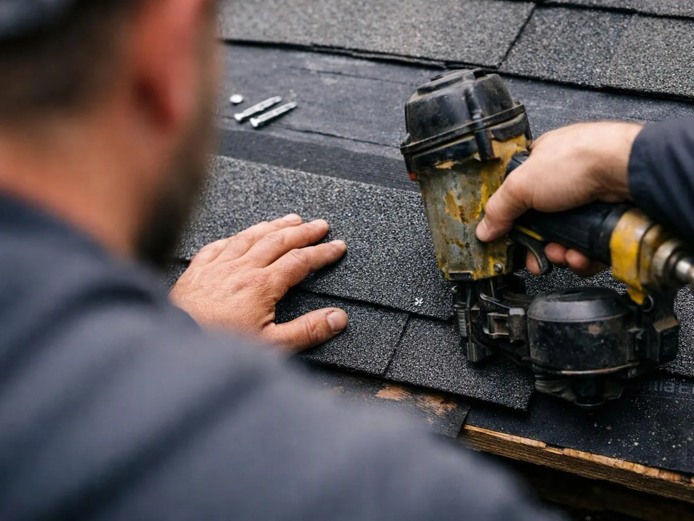 A worker fastens dark roof shingles with a nail gun while steadying them by hand