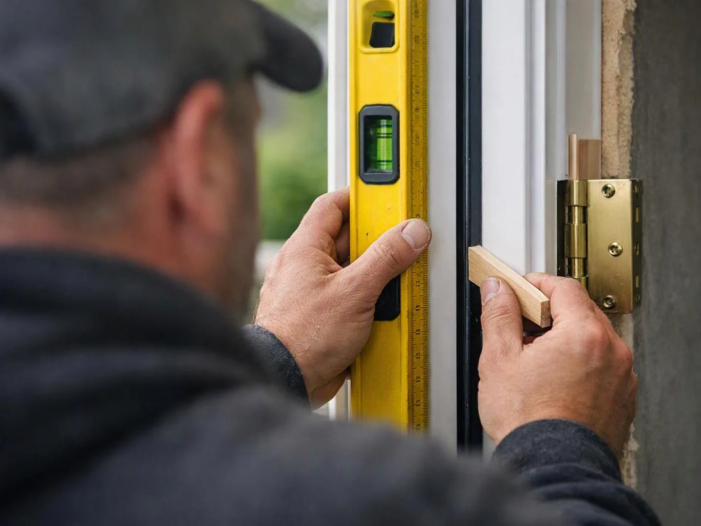 A worker measures a door frame with a yellow level while holding a small wood shim near the hinge