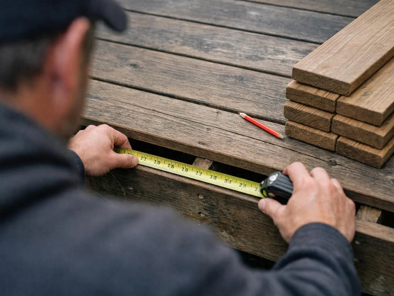 A worker measures a weathered wooden deck with a tape measure beside stacked boards and a pencil