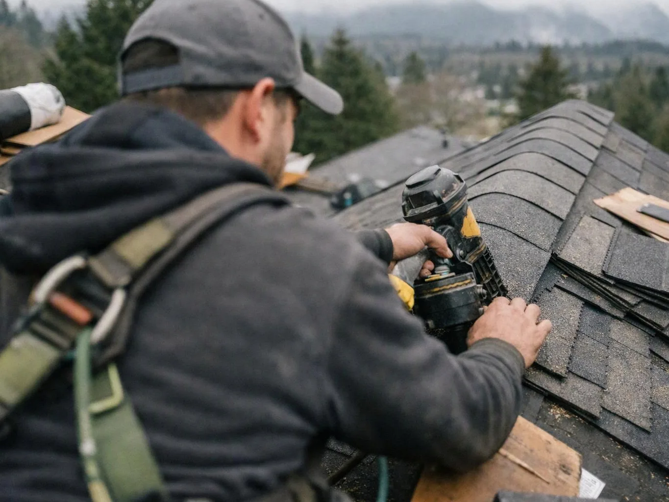 A worker on a shingled roof uses a nail gun, with trees and mountains in the background