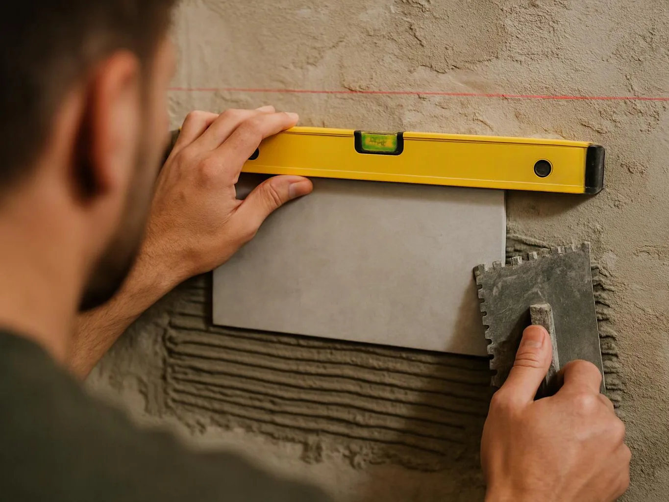 A worker spreads mortar on a wall while holding a tile level and a trowel