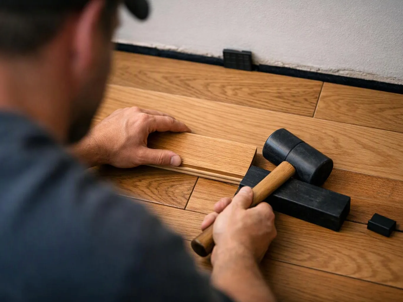 A worker taps a wooden floorboard into place with a mallet near a wall